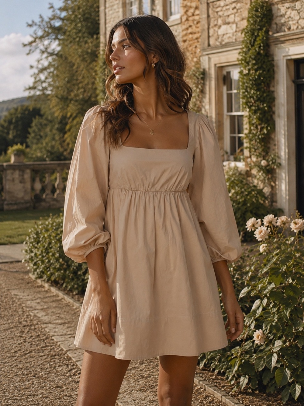 Staud Neutral Cotton Shift Mini Dress XS | Square Neck Puff Sleeve Cottagecore